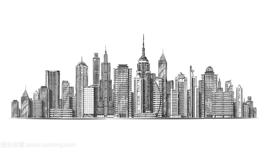 市。在全景视图中的现代建筑。素描矢量图