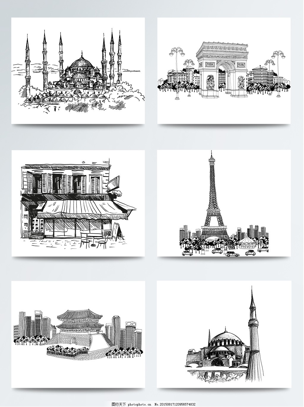 手绘景点建筑素描插画图片